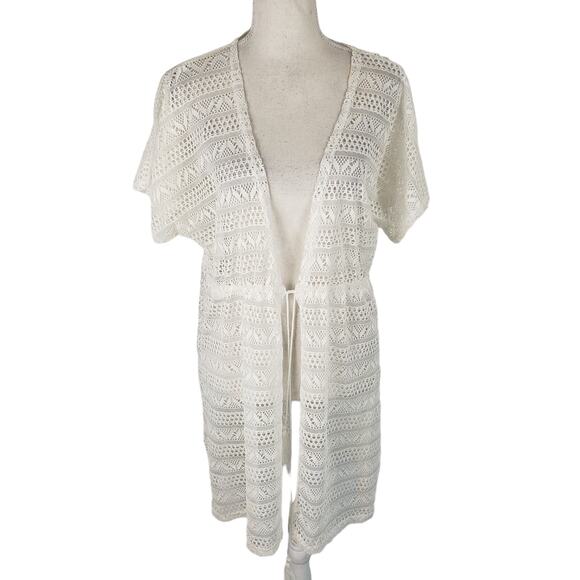 Alexa & Stella White Crochet Mesh Drawstring Waist Short Sleeve Swim Cover Up L - Picture 1 of 9